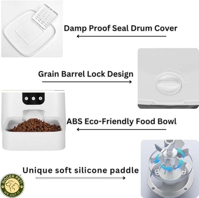 ROGER PET Smart Automatic Pet Feeder with Camera and Dispenser, Wi-Fi Automatic Cat Feeder with APP Control and Timer, Two Way Audio Video Clear Night Vision, Automatic Dog Feeder - Pet Supplies.