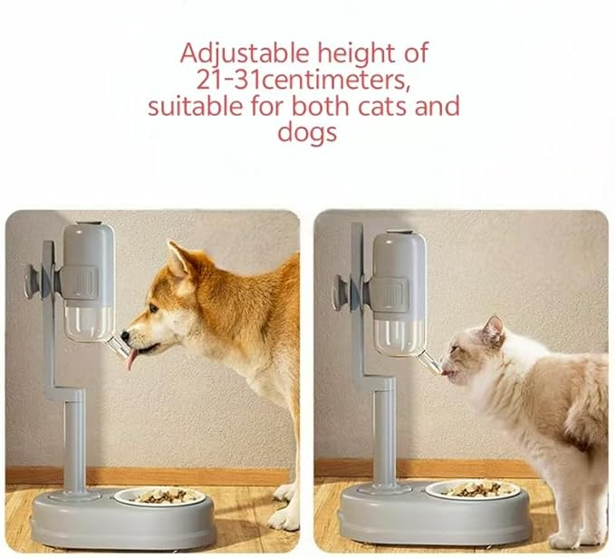 Integrated pet Water Dispenser, Automatic Ball Water Dispenser, Water Dispenser for Cats and Dogs After Licking, Adjustable Height, Suitable for Both Cats and Dogs, Stainless Steel Bowl, Gray Version