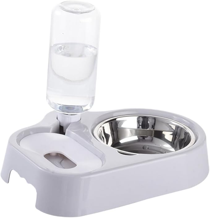 Pet Double Bowl for Cats and Dogs Automatic Water Feeder and Food Dish Grey Non-Skid Design Easy Feeding and Hydration