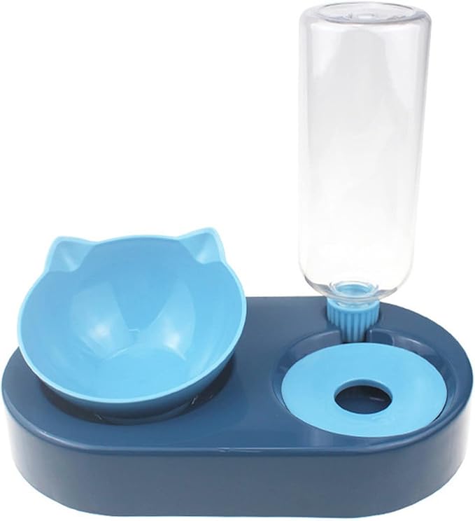 Dog Bowl with Stand Automatic Water Storage Dispenser Pet Cat Food 2-in-1 Splash-Proof Container Elevated Removable(Blue)