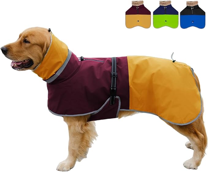 Waterproof Dog Winter Coat, Reflective Turtleneck Fleece Jacket with Snow Protection for Large Dogs, Cold Weather Pet Clothing (Yellow, 2XL)