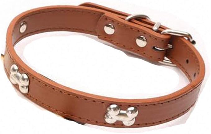 PU Leather Dog Collar Design Bone Charm Studded Collars for Dogs Necklace Pet Products Coffee M