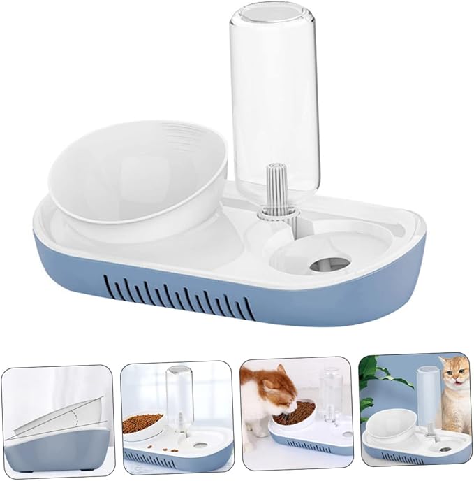 1set Automatic Gravity Pet Water Dispenser Food Bowl for Cats and Small Dogs Non-Skid Base Material Easy to Comfortable Feeding Height Nordic Blue Design
