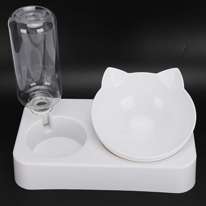 Qiilu Automatic Gravity Water Dispenser Bottle Pet Double Food Feeder Water Drinking Bottle 15° Adjustable Tilted Neck Protection Cat Dog Feeding Bowl (L)