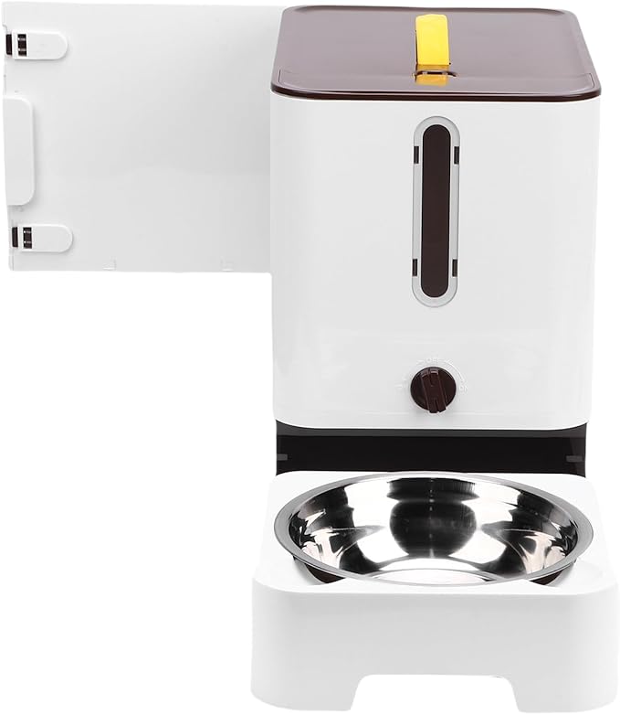 Fabater Automatic Pet Feeder, Large Capacity Programmable Automatic Feeding Damp Proof Sealing Pet Food Storage Container, Timed Feeder with Stainless Steel Bowl for Home Outdoor Travel (Dark Brown)