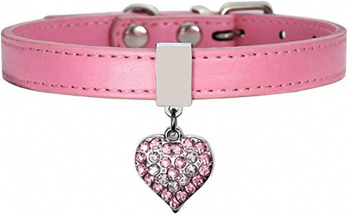 Leather Funny Cute Heart Colorful Rhinestone Pet Dog Collars Durable for Small Dogs Necklace Pink XS