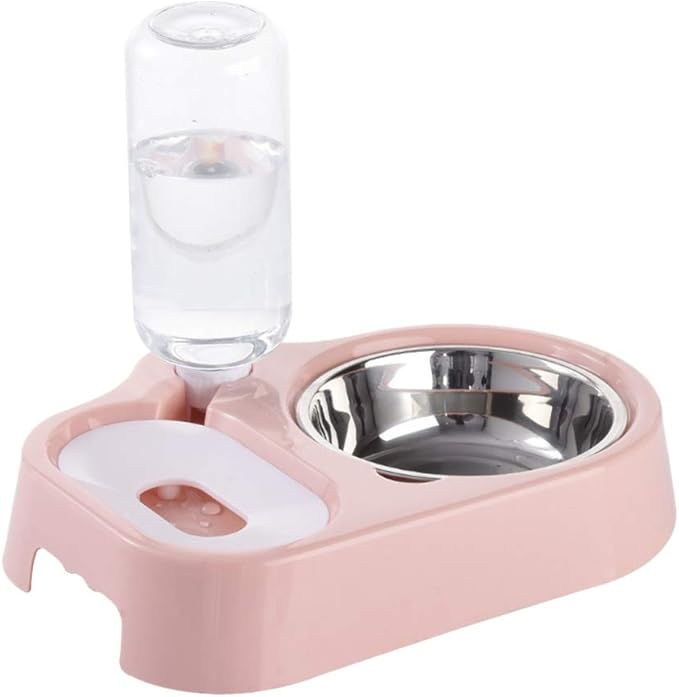 POPETPOP Dual Dog Bowls-Dog Water Dispenser Stainless Steel Pet Bowls No-Spill Station, Cat Food Water Feeder with Automatic Water Bottle-Pink