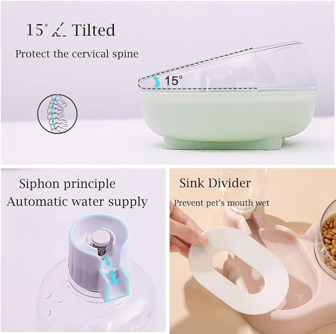 JiangYanus Tilted Cat Bowl Set for Food and Water with Automatic Water Dispenser Bottle Elevated Pet Food and Water Bowl Dishes for Cat and Small Medium Dogs (Green)
