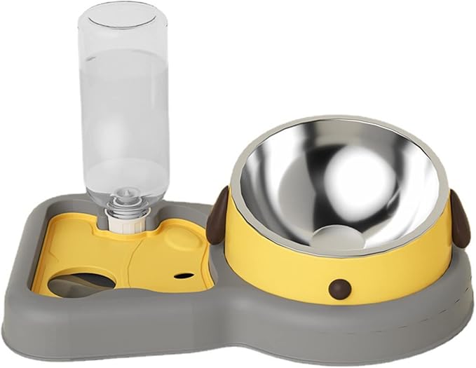 Water and Food Bowl Set, 500ml 2 in 1 Dog Avoid Overturning Automatic Cat Feeder Pet Water Dispenser Double Cat Bowls for Dogs Cats (Yellow 500ml)