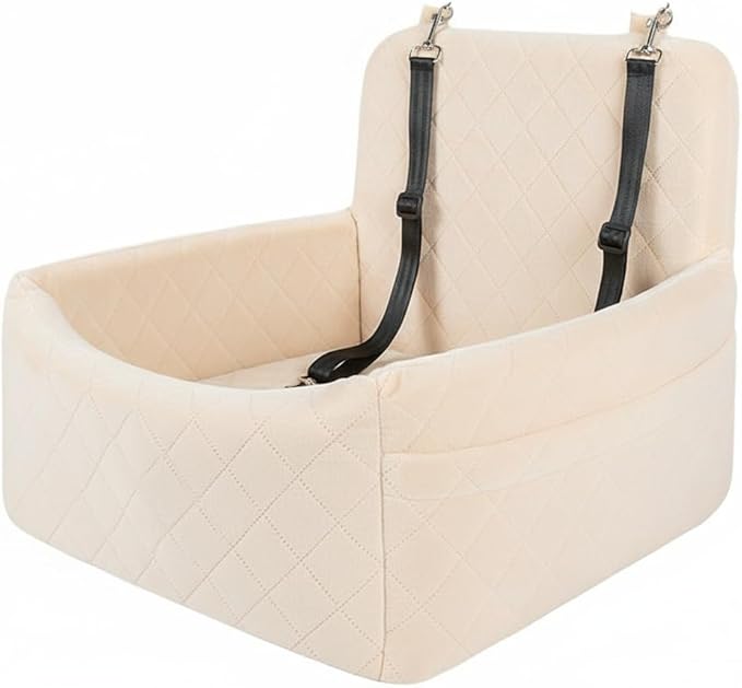 Deluxe Pet Car Seat, Booster Car Seats with Thick Cushionb for Dogs Up to 20 lbs, Detachable Washable Pet Travel Safety Bed with 2 Storage Pockets,and 2 Safety Belts (White)
