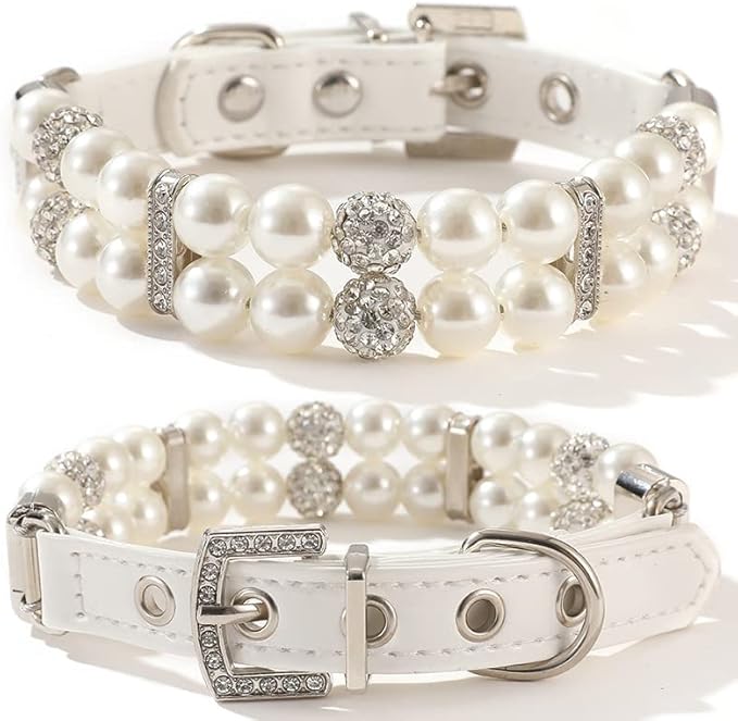 Pearl Dog Collars for Small Dogs, Pearl Cat Collar Pu Leather Puppy Necklace with Crystal Rhinestone Diamond for Girl Kitten XXSmall Small Medium Dogs Wedding & Birthday, X-Small, White