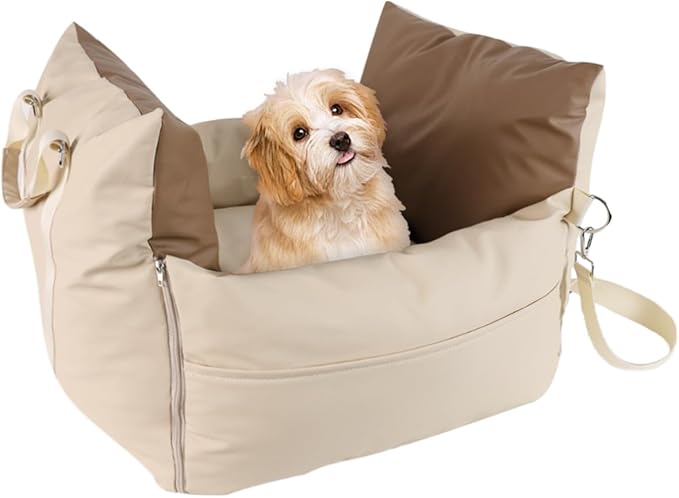 PU Leather Small Dog Car Seats for Small Dogs, Waterproof Dog Booster Car Seat with Storage Pockets and Stretchable Dog Seat Belt, Anti-Scratch Soft Leather Puppy Car Seat for Travel and Home, Beige
