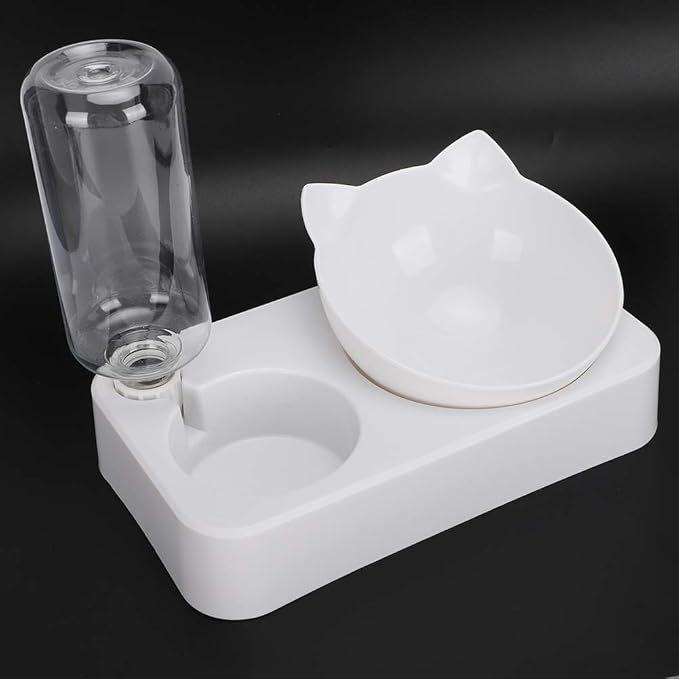 Qiilu Automatic Gravity Water Dispenser Bottle Pet Double Food Feeder Water Drinking Bottle 15° Adjustable Tilted Neck Protection Cat Dog Feeding Bowl (L)