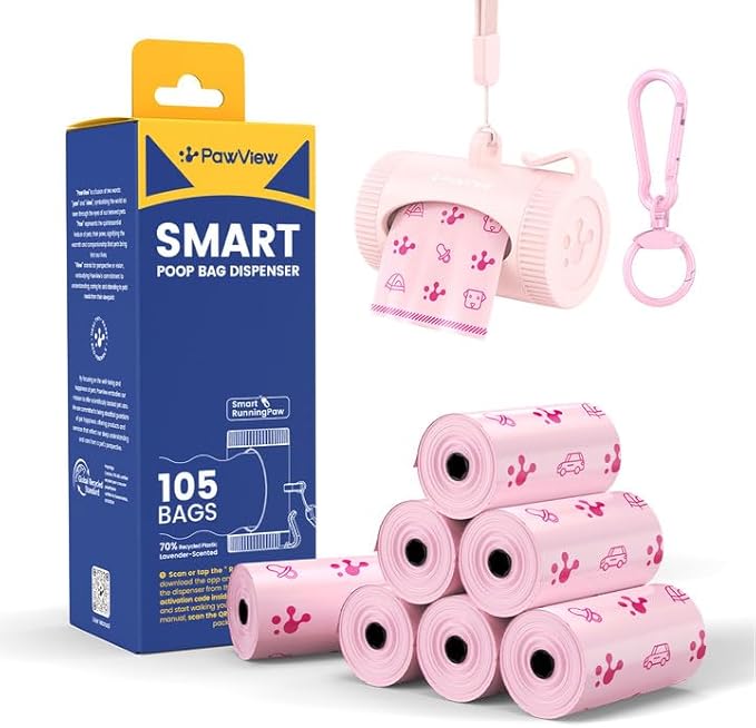 Dog Poop Bag Rolls with Retractable Poop Bag Holder, Leak Proof and Extra Thick Lavender Pet Waste Bags, 70% Recycled GRS Certified, 1 Dispenser and 105 Bags for Doggy Walking & Cat Litter
