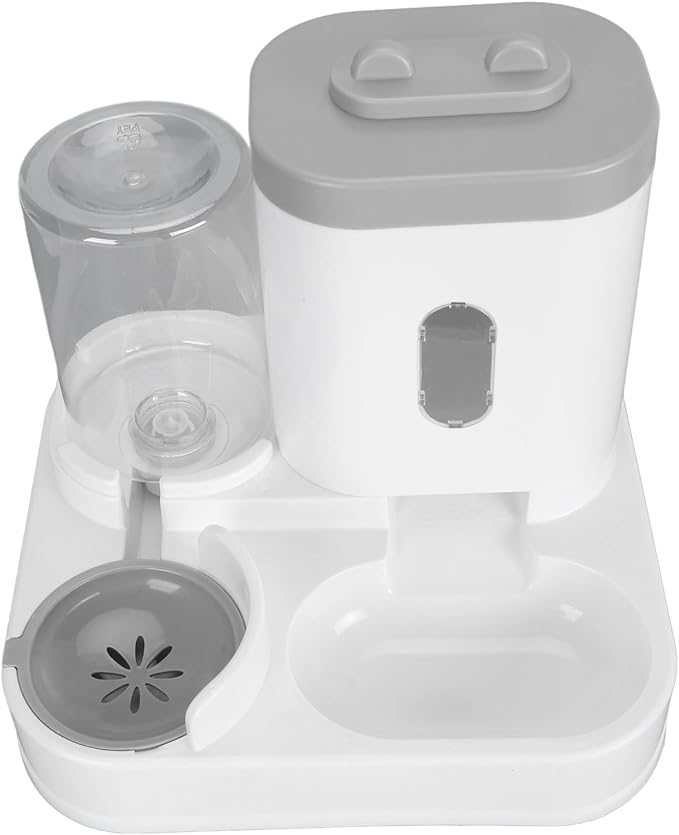 Automatic Pet Food & Water Container 2 in 1 | 2L Food + 1L Water Large Capacity | Detachable Cat Feeder/Dog Waterer | Safe PP Material, Visual Window Design (Grey)