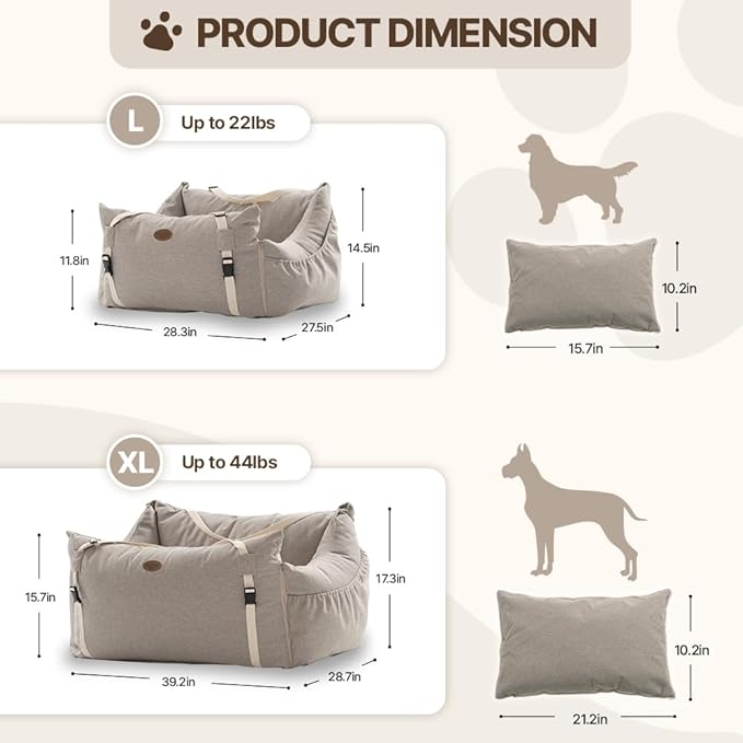 Dog Car Seat for Small Medium Large Dogs, Sofa Fabric&Eco-Friendly Microfiber Velboa, Detachable and Washable Travel Dog Booster with Thick Cushion (Cafe Mocha, L)