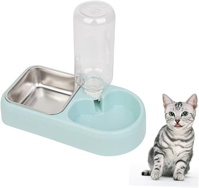 POPETPOP Double PET Water Feeder Automatic Drinking Tool Dual Bowls for Dogs and Cats Plastic Blue Color for Home and Travel