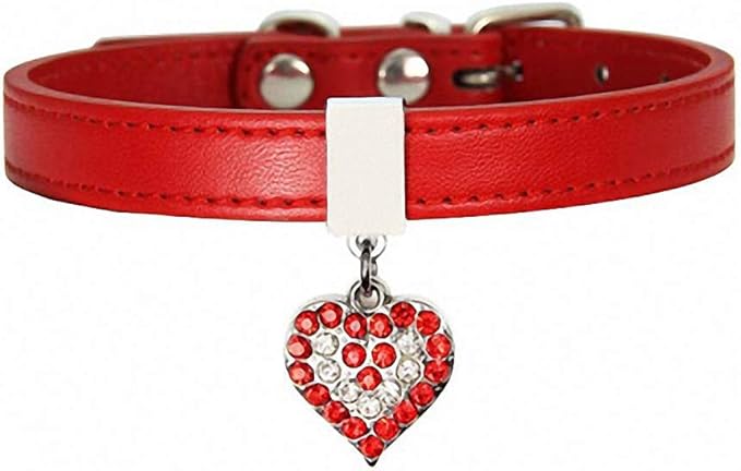 Leather Funny Cute Heart Colorful Rhinestone Pet Dog Collars Durable for Small Dogs Necklace Red M