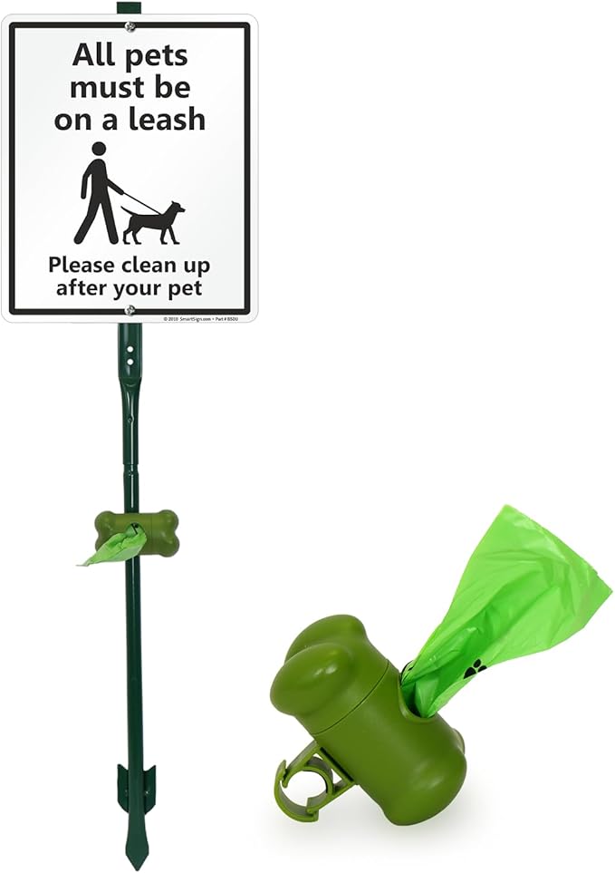 SmartSign All Pets On A Leash Please Clean Up After Your Pet Yard Sign & Clip-On Plastic Dispenser Combo/Kit, 10"x12" Aluminum Sign with 3ft Stake, Compact Dispenser Preloaded with a 15 Poop Bags Roll