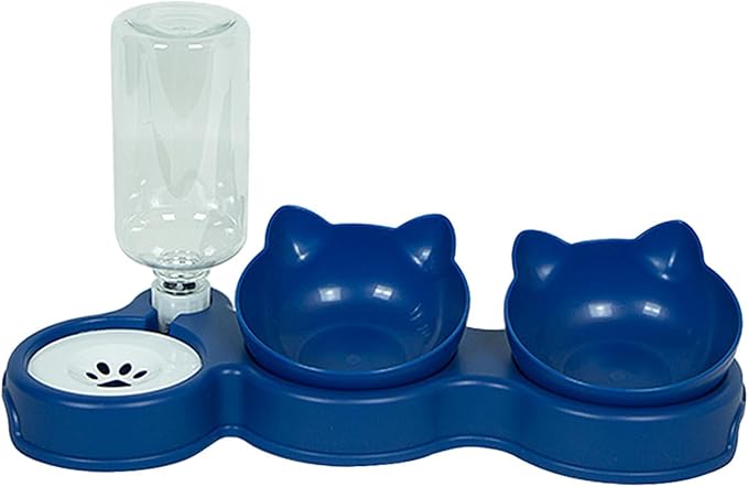3 in 1 Dog Cat Bowls Water and Food Bowl Set Pet Feeder with Automatic Waterer Bottle Feeding Bowls for Puppy Small or Medium Size Dogs Cats, Dark Blue