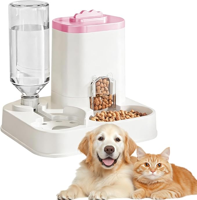 10L Automatic Pet Feeder and Water Dispenser Combo, Gravity Food and Water Station with 1-10L Adjustable Capacity, Non-Slip Base for Cats, Dogs, and Multiple Pets (Pink)