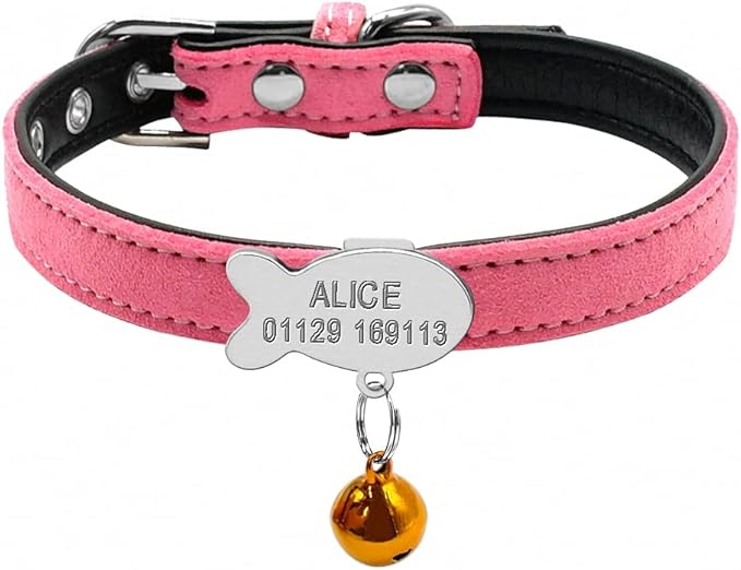 Personalized Chihuahua Collar for Small Dog Adjustable Padded Pet Collars with Bell for Small Medium Cat Dogs Pink Fish XS