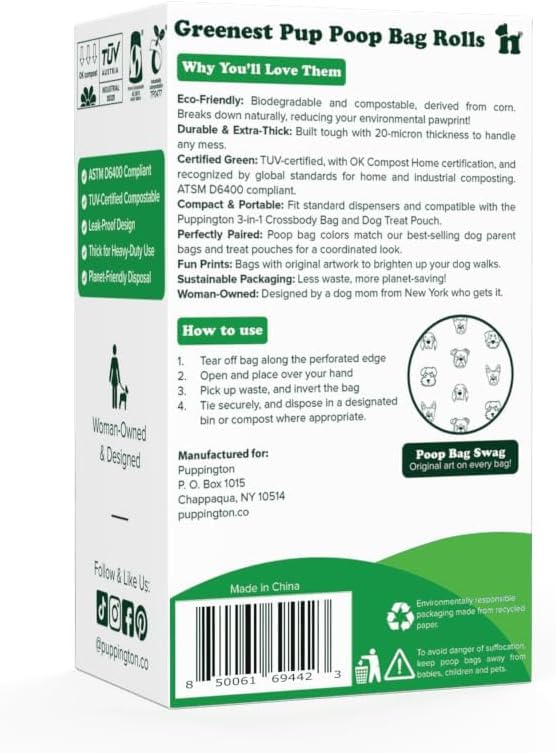 Puppington Certified Home Compostable Poop Bags - ASTM D6400 Compliant - 90 Extra Thick Bags - Plant Based - Pairs with Puppington 3-in-1 Bag & Fits all Standard Poop Bag Dispensers (Vanilla Cream)