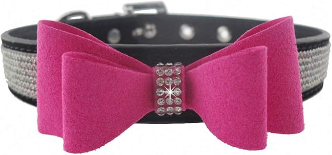 Luxury Pet Accessories Dog Collar Rhinestone Buckle Design Fancy Crystal Suede Bow Tie Dog Collar for Small Medium Large Dogs 15 Rose Bow M