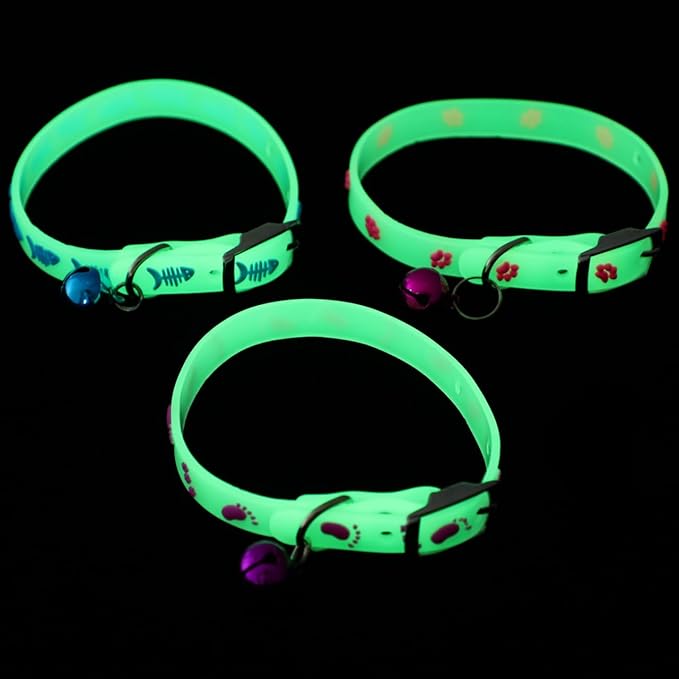 VICASKY 3Pcs Glow in The Dark Dog Collar Cat Light Up Silicone for Dogs Led Collars at Night Kitten Bell Bells Lighted Rechargeable Anime Necklace Glowing with up Puppy Adjustable Fluorescent Pet