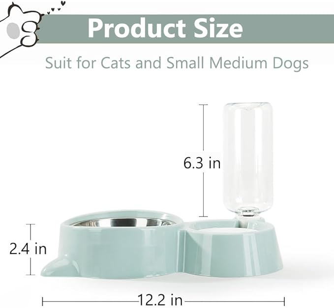 Dog Bowls, Puppy Cat Food and Water Bowl Set with Water Dispenser and Stainless Steel Bowl Detachable Gravity Pet Feeder and Waterer Set for Cats Dogs Puppy Rabbit (Grey)