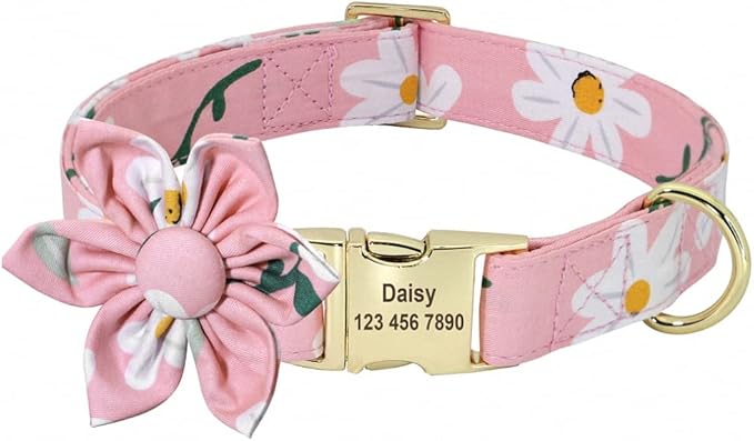 Custom Flower Dog Collar Nylon Floral Printed Pet Dog Collars Personalized Puppy Collar for Small Medium Large Dogs Cat Pitbull 168 Pink M