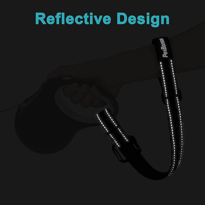 PetBonus Dog Leash Wrist Strap, Safety Strap for Retractable Leash, Lockable Reflective Short Dog Walking Lead with Adjustable Soft Padded Handle, Extra Layer Security for Pet Stroller (Black)
