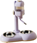 Pet Standing Water Dispenser Dog Bowl 2 in 1 Adjustable Height Pet Feeder Waterer with Two Steel Bowl for Ferrets Kittens Cat, Violet