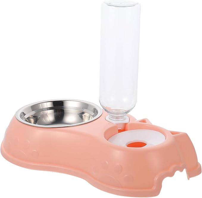 Automatic Pet Food and Water Dispenser Double Bowl Detachable Feeder Pink for Cats and Dogs, Pet Feeding Tool with Water Bottle, Suitable for Home Use