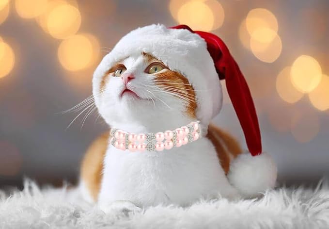 Green Dog Collars with Pearls, Beaded Cat Collar Pu Leather Puppy Necklace with Crystal Rhinestone Diamond for Girl Kitten XXSmall Small Medium Female Dogs Jewelry Wedding & Birthday Party, M
