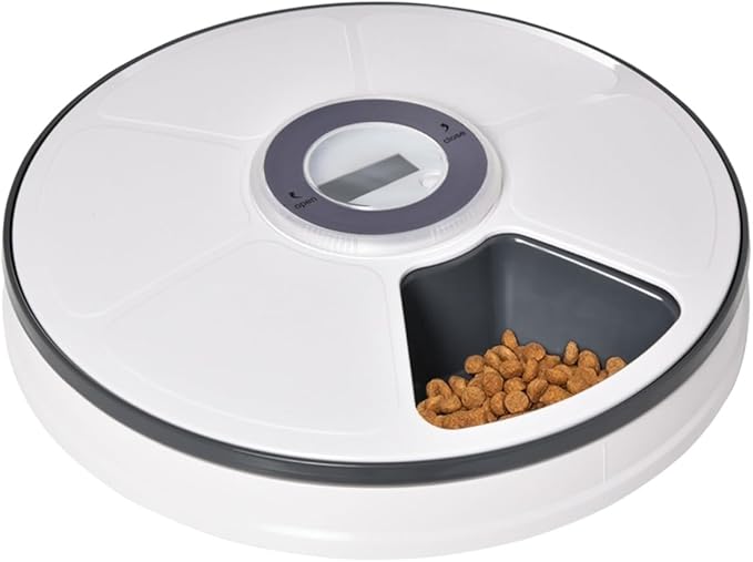 GUTTATY Automatic Pet Food Feeder Dispenser with 6 Trays, 128ml Capacity, LED Display, White/Grey