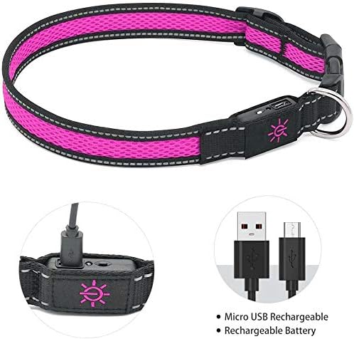 LED Dog Collar Rechargeable with Heavy Duty Electric USB Cable, Glow in The Dark with Luminous Night Reflective, Nylon Ribbon and Reflective Dog Collar for Small Medium Large Dogs (S(35-40cm), Pink)