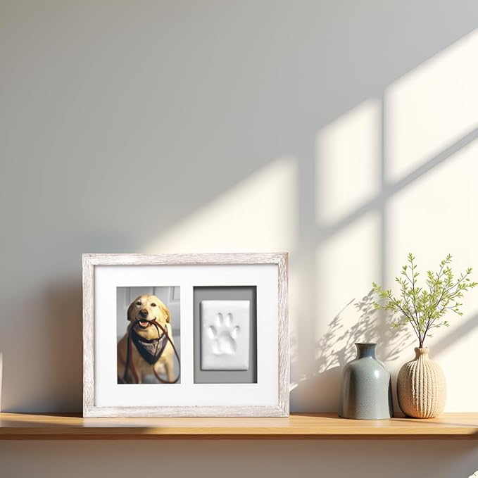 Pearhead Pet Pawprints Wall Picture Frame and Clay Impression Kit - DIY Clay Paw Print, Memorial Keepsake Frame for Cat and Dog, Ideal Home Decor Gift for Pet Owners, 4x6 Photo, Distressed White