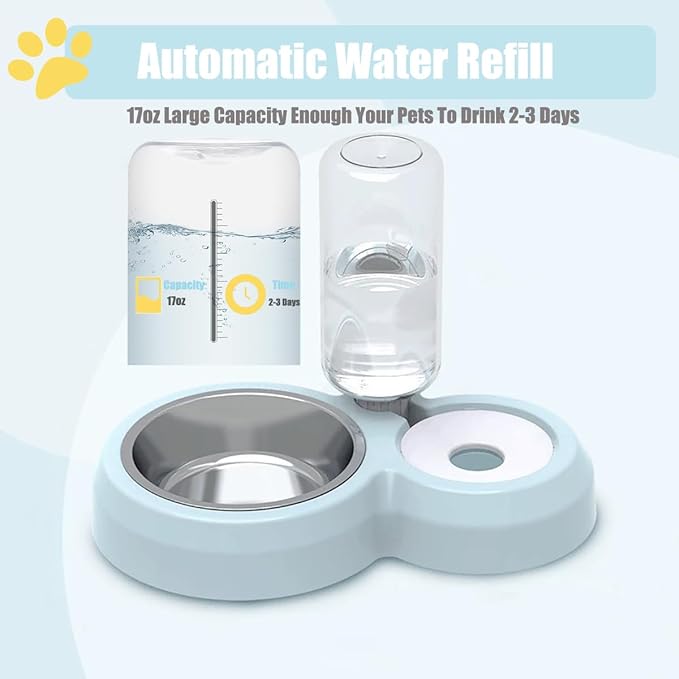 JAY D.L Double Dog Bowls, Cat Food and Water Bowl Set with Water Dispenser and Stainless Steel Bowl Gravity Feeder for Small or Medium Size Dogs Cats Rabbits (Blue)