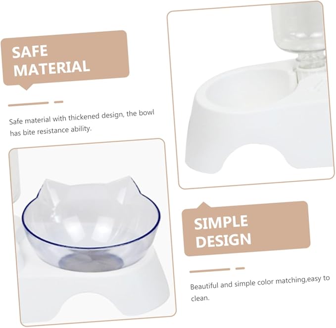 Pet Food Feeder Set Dual-Bowl Cat and Dog Food and Water Holder with Automatic Water Dispenser Tilted Design for Small to Medium Pets White