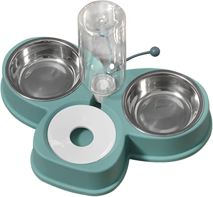 Automatic Dual Bowl Pet Feeder and Anti-Skid Water Dispenser with 720ml Stainless Steel Bowls for Cats and Dogs, Multi-Function Household Puppy Feeder in Green