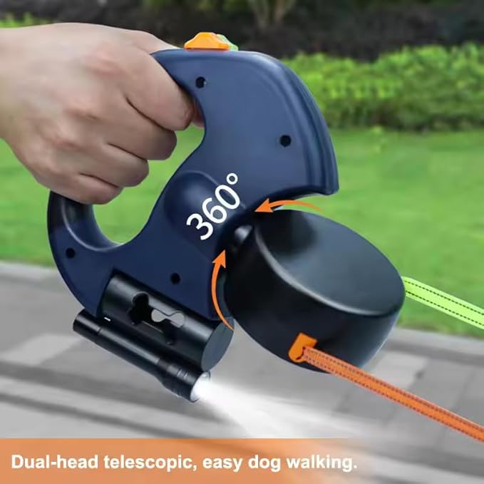 Dual Dog Retractable Leash (Under 25 lbs) – 360° Rotating Double Leash with Flashlight & Poop Bag Holder, Hands-Free Walking Accessory for Small Dogs