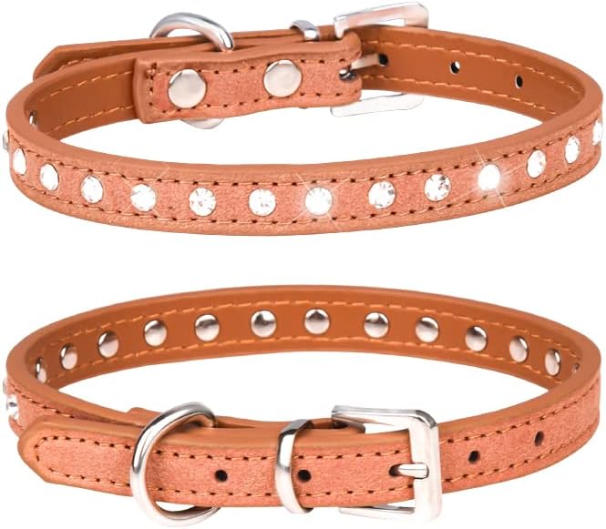 Serijoars Puppy Dog Collar with Crystal Diamond Colorful Bling Girl Puppy Small Dog Cat Collars (S, Brown)