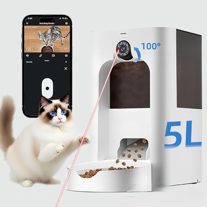 Automatic Cat Feeder with Camera, 5L Large-Capacity Pet Feeder, HD Video & Night Vision, Two-Way Audio, Laser Play, Scheduled Portion Control, Dual-Band WiFi, Battery & Plug-in Power