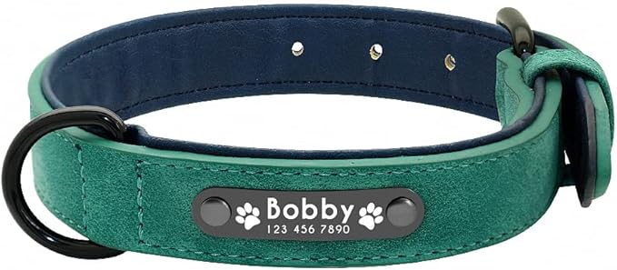 Personalized Dog Collar Custom Leather Dog Collars Inner Padded Pet ID Collar for Small Medium Large Dogs Pitbull Bulldog Green M