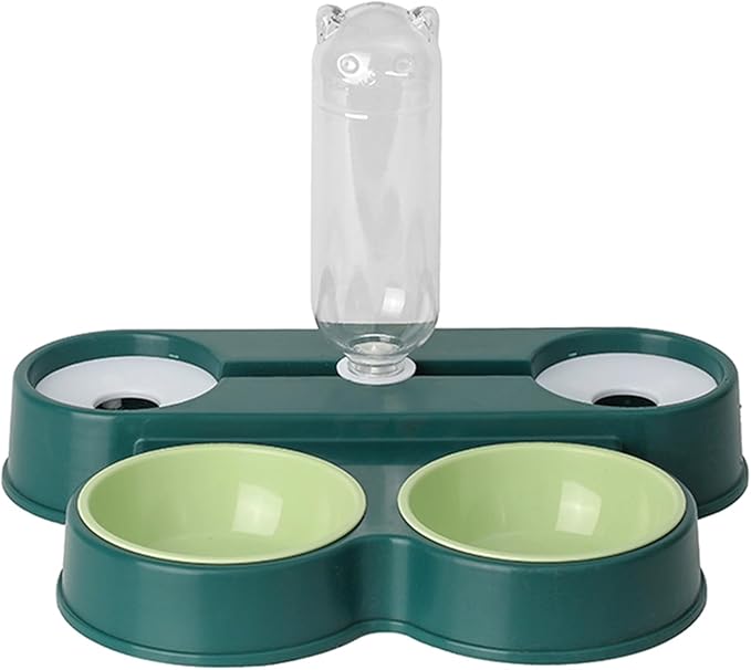 Dogs Bowl Automatic Cats Food Bowl 4 in 1 Pet Food Feeders with Automatic Water Bottle Bowl Double Bowl Pet Food and Water Dispenser Set, dark green