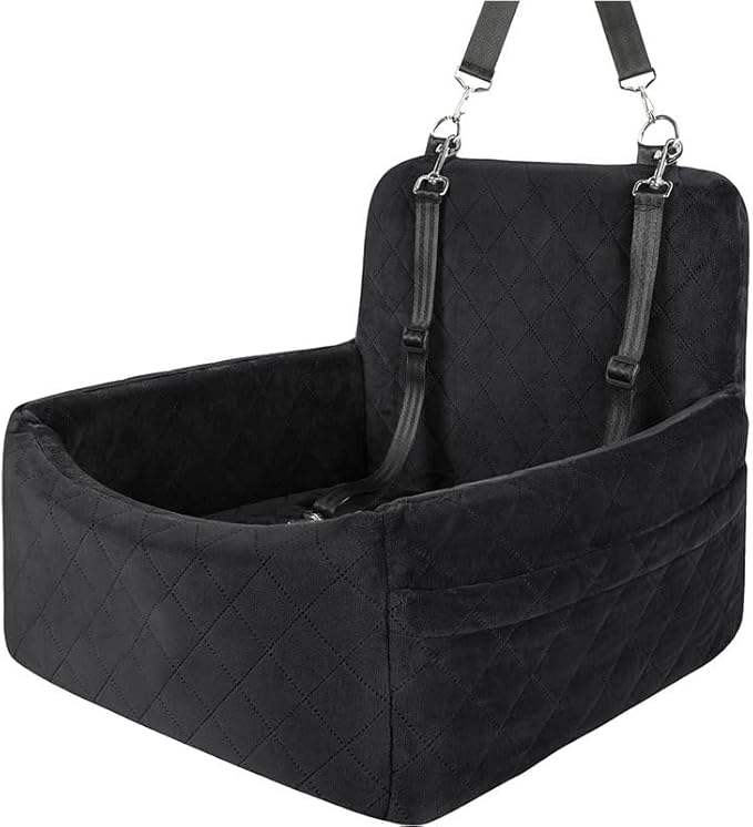 Deluxe Pet Car Seat, Booster Car Seats with Thick Cushionb for Dogs Up to 20 lbs, Detachable Washable Pet Travel Safety Bed with 2 Storage Pockets,and 2 Safety Belts (Black)