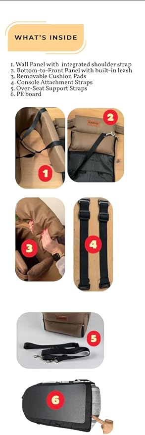 Kumdita' Center Console Car Seat & Carrier for Small Dogs & Cats with Dual Over-Seat Straps, Sewn-in Safety Leash & PE Board Base (Brown)