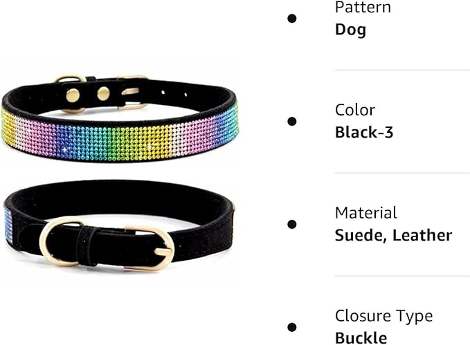 Rhinestone Dog Collar, Cute Dazzling Sparkling Soft Suede Leather Dog Cat Rhinestone Collar Crystal Diamond Pet Dog Puppy Collar (M, Black-3), Medium