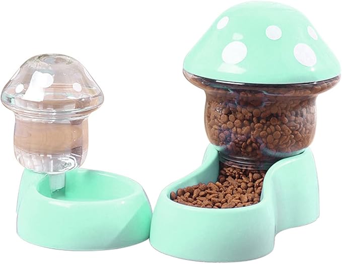 Pets Auto Feeder - Automatic Gravity Food Dispenser, Water Container for Dogs and Cats - Mushroom Shape Bowl for Small Medium Pets, Puppy, Kitten - Green